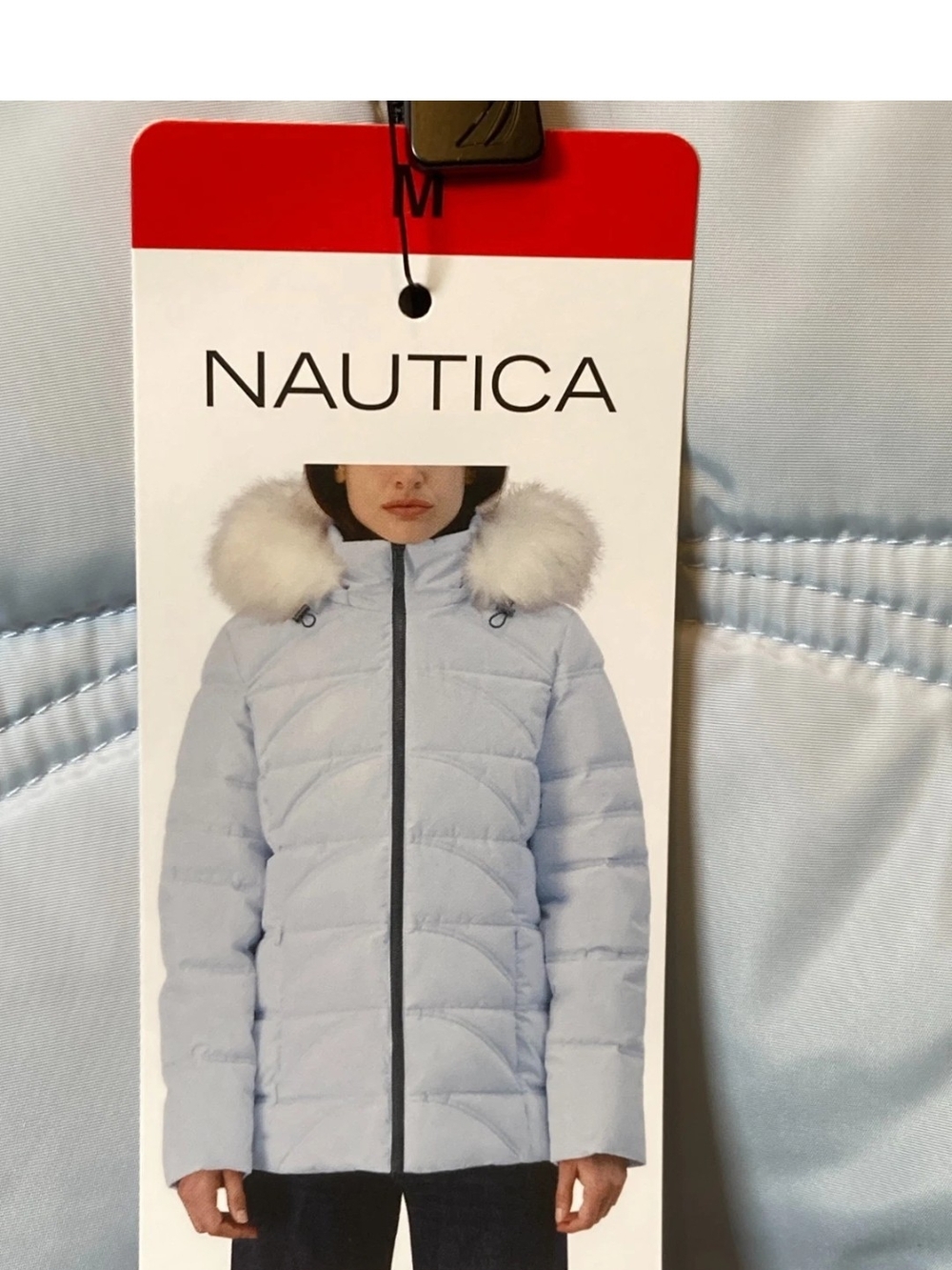 Nautica Women's Light Blue Quilted Puffer Jacket with Faux Fur Hood Trim Medium